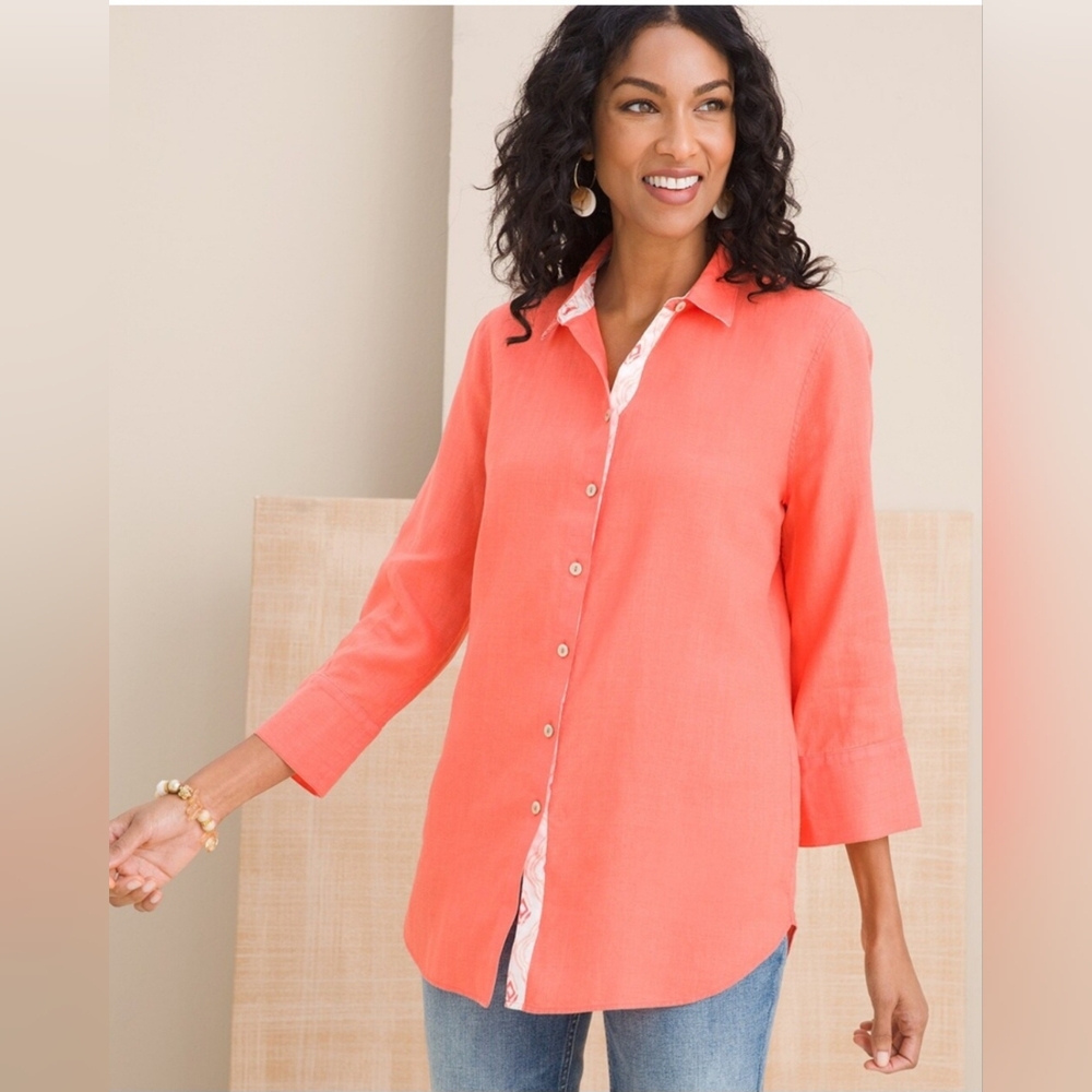 CHICO'S / SIZE 0 (small )/  COLOR : TANGERINE /NO IRON LINEN SHIRT